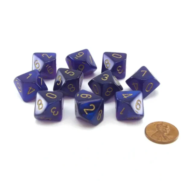 Pack of 10 Luminary Borealis 16mm D10 Dice - Royal Purple with Gold Numbers - Your Source for Gaming Essentials Best