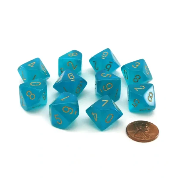 Pack of 10 Luminary Borealis 16mm D10 Chessex Dice - Teal with Gold Numbers - Your Source for Gaming Essentials Discount