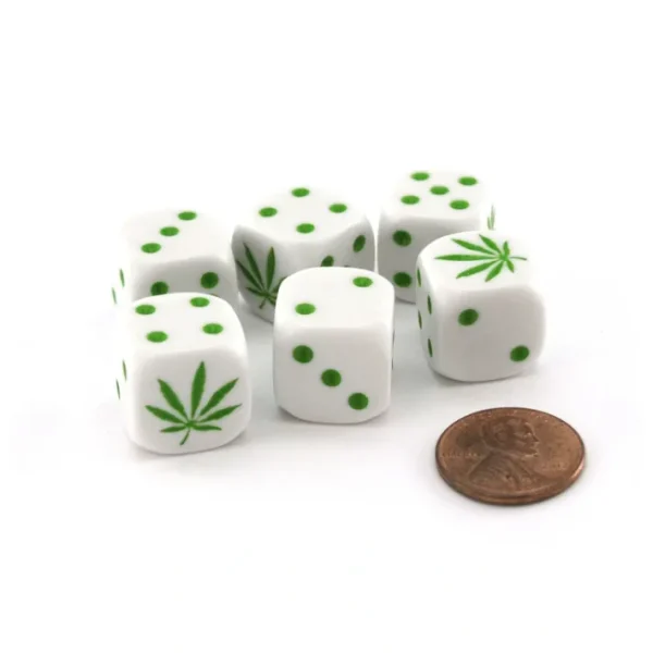 Pack of 6 Marijuana Hemp Weed 16mm Dice Set - White with Green Etches - Your Source for Gaming Essentials Shop