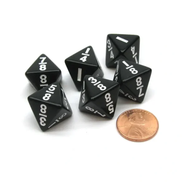 Pack of 6 Math Dice 8-Sided Fraction: 1/8 to 1 - Black with White - Your Source for Gaming Essentials Clearance