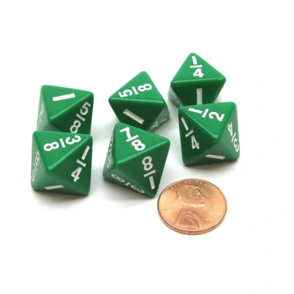 Pack of 6 Math Dice 8-Sided Fraction: 1/8 to 1 - Green with White - Your Source for Gaming Essentials Cheap