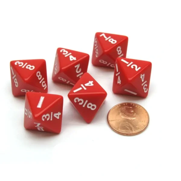 Pack of 6 Math Dice 8-Sided Fraction: 1/8 to 1 - Red with White - Your Source for Gaming Essentials Store