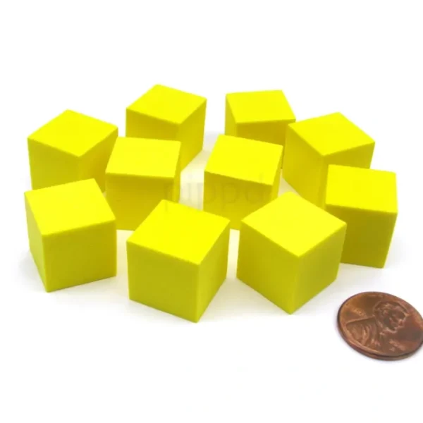 Pack of 10 16mm Blank Foam Dice Cubes with Square Corners - Yellow - Your Source for Gaming Essentials Clearance