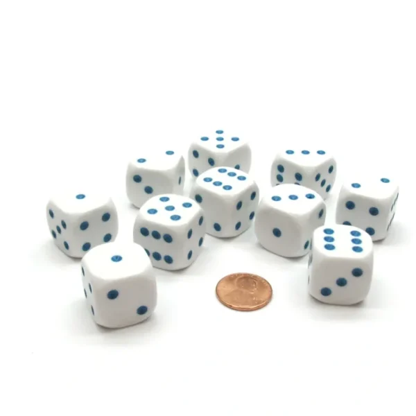 Pack of 10 20mm D6 Dice - White with Blue Pips - Your Source for Gaming Essentials Clearance