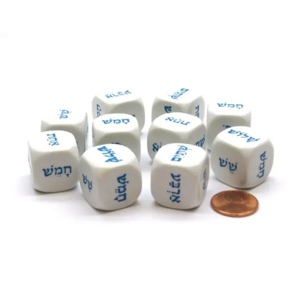 Pack of 10 20mm D6 Hebrew Word Numbers 1 to 6 - White with Blue Etches - Your Source for Gaming Essentials Shop
