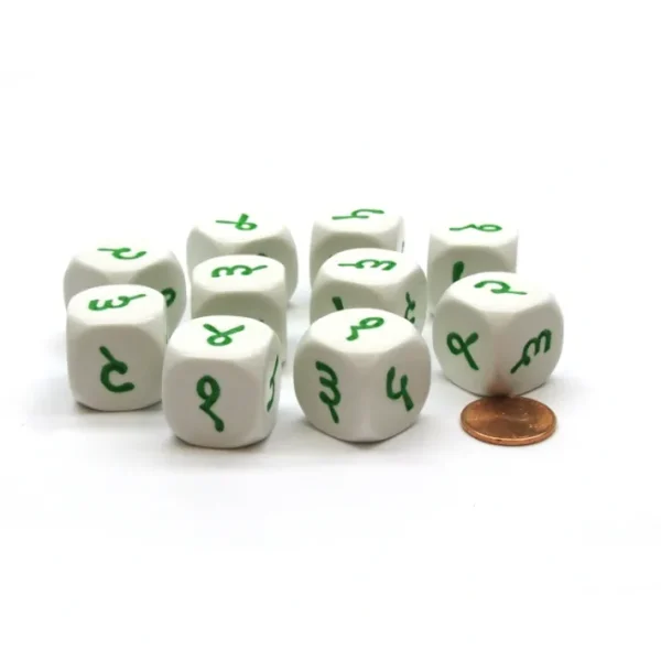 Pack of 10 20mm D6 Hindi Numbers 1 to 6 - White with Green Etches - Your Source for Gaming Essentials Sale