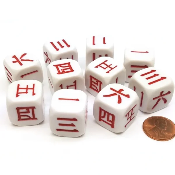 Pack of 10 20mm D6 Japanese and Chinese Number Dice 1 to 6 - White with Red - Your Source for Gaming Essentials Store