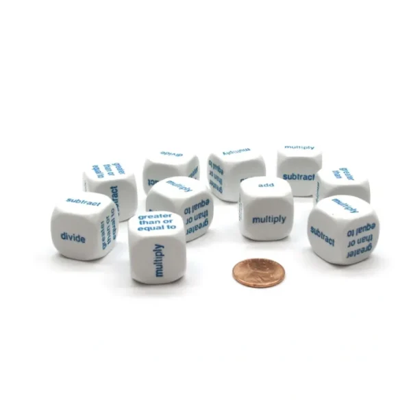 Pack of 10 20mm D6 Math Operation Six Function Word Dice - White with Blue - Your Source for Gaming Essentials Online