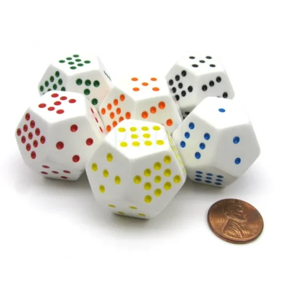Pack of 6 28mm D12 Spotted Dice - White with: Black Red Green Blue Yellow Orange - Your Source for Gaming Essentials Flash Sale