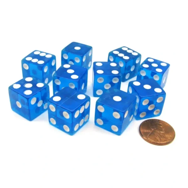 Pack of 10 16mm D6 Square Edge Transparent Dice - Blue with White Pips - Your Source for Gaming Essentials Clearance