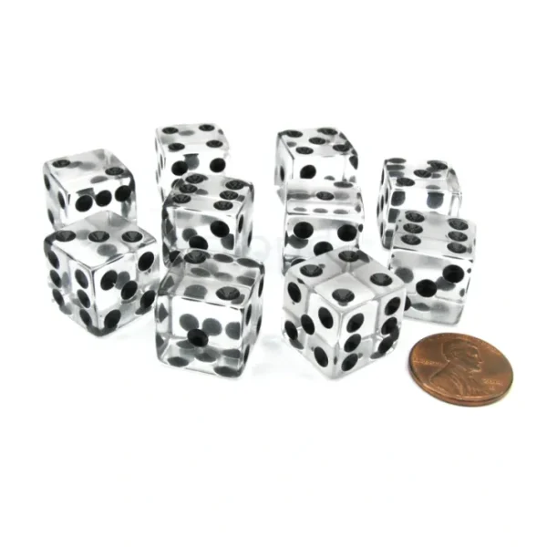 Pack of 10 16mm D6 Square Edge Transparent Dice - Clear with Black Pips - Your Source for Gaming Essentials Online