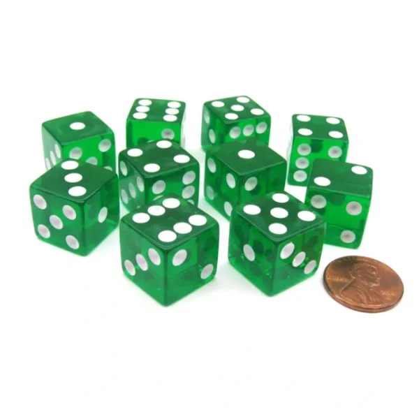 Pack of 10 16mm D6 Square Edge Transparent Dice - Green with White Pips - Your Source for Gaming Essentials Best