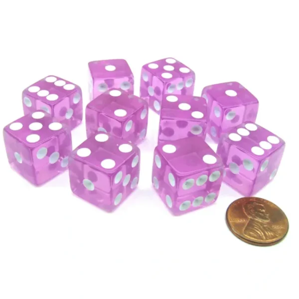 Pack of 10 16mm D6 Square Edge Transparent Dice - Pink with White Pips - Your Source for Gaming Essentials New