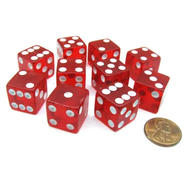 Pack of 10 16mm D6 Square Edge Transparent Dice - Red with White Pips - Your Source for Gaming Essentials Fashion