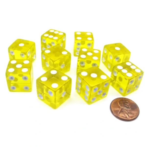 Pack of 10 16mm D6 Square Edge Transparent Dice - Yellow with White Pips - Your Source for Gaming Essentials Fashion