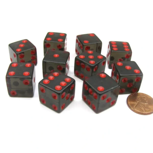 Pack of 10 16mm D6 Square Edge Transparent Dice - Black with Red Pips - Your Source for Gaming Essentials Clearance