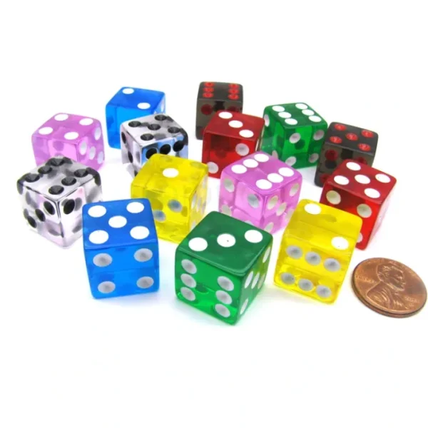 Pack of 14 16mm D6 Transparent Dice- 2 of Red Clear Green Black Blue Pink Yellow - Your Source for Gaming Essentials Flash Sale