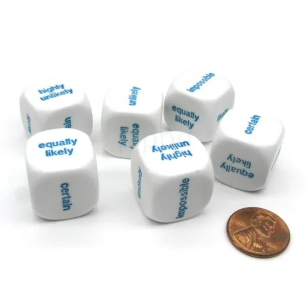 Pack of 6 20mm Educational English Probability Dice - White with Blue Words - Your Source for Gaming Essentials Discount