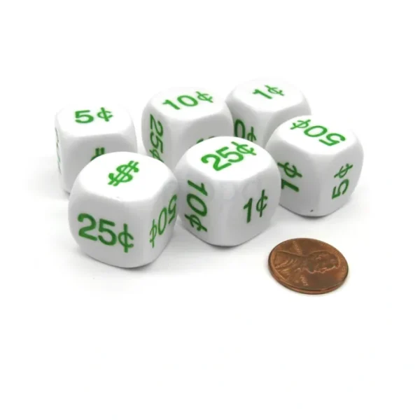 Pack of 6 20mm Educational Math Money Dice - 1 Cent to 1 Dollar - Your Source for Gaming Essentials Shop