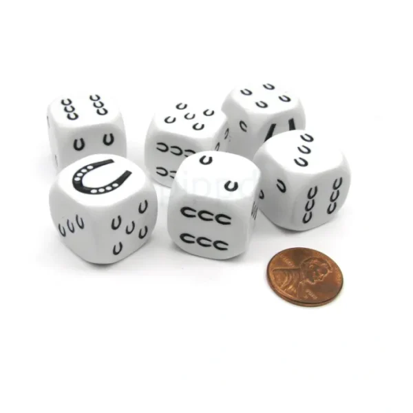 Pack of 6 20mm Koplow Games Horseshoe Lucky Dice - White with Black Etches - Your Source for Gaming Essentials Outlet