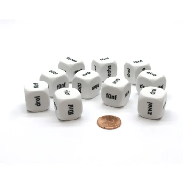 Pack of 10 20mm Math Word Number, German 1-6 - White with Black Words - Your Source for Gaming Essentials New