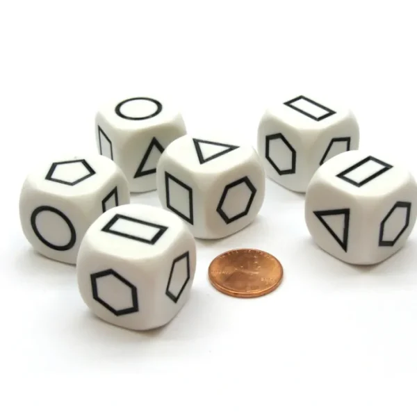 Pack of 6 22mm Opaque Shapes Attribute Dice - White with Black Shapes - Your Source for Gaming Essentials Clearance