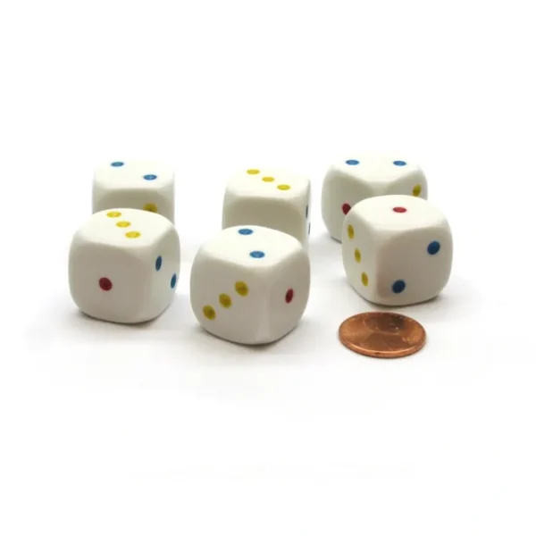 Pack of 6 20mm 6-Sided D3 Dice Numbered 1-3 Twice - White with Multicolored Pips - Your Source for Gaming Essentials Store