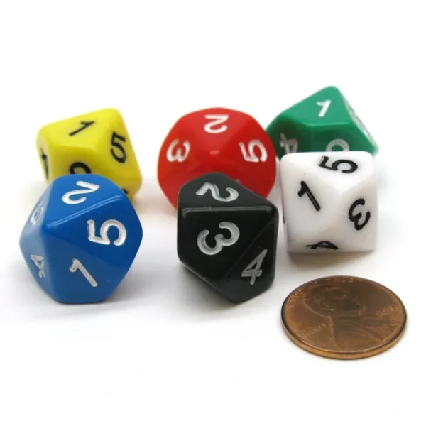 Pack of 6 15mm 10-Sided D5 Numbered 1 to 5 Twice Dice - 6 Colors - Your Source for Gaming Essentials Online