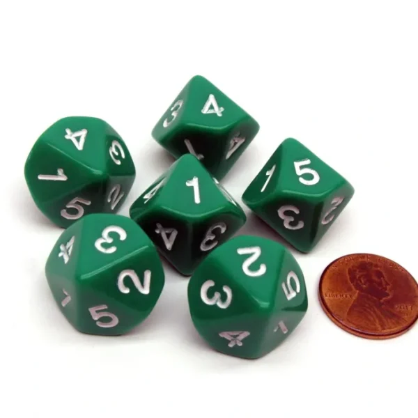 Pack of 6 16mm 10-Sided D5 Numbered 1 to 5 Twice Dice - Green with White - Your Source for Gaming Essentials Flash Sale