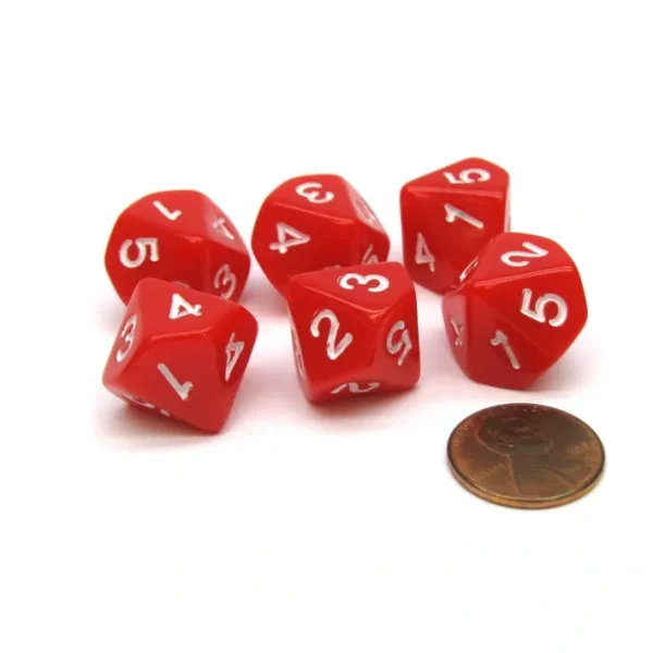 Pack of 6 16mm 10-Sided D5 Numbered 1 to 5 Twice Dice - Red with White - Your Source for Gaming Essentials New