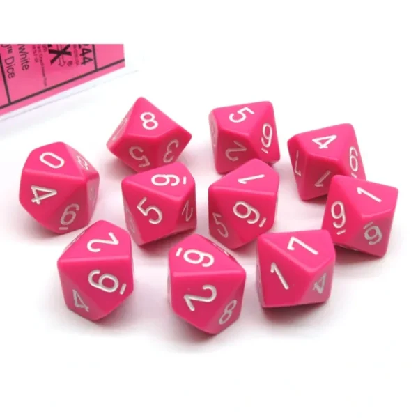 Pack of 10 Opaque Chessex 10-Sided D10 Dice - Pink with White Numbers - Your Source for Gaming Essentials Shop