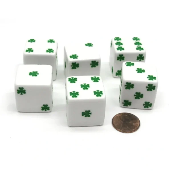 Pack of 6 Shamrock D6 25mm Large Jumbo Dice - White with Green Pips - Your Source for Gaming Essentials Online