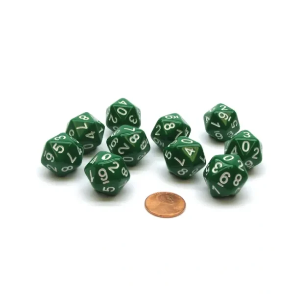 Pack of 10 20-Sided D10 Dice Numbered 0-9 Twice - Green with White Numbers - Your Source for Gaming Essentials Sale