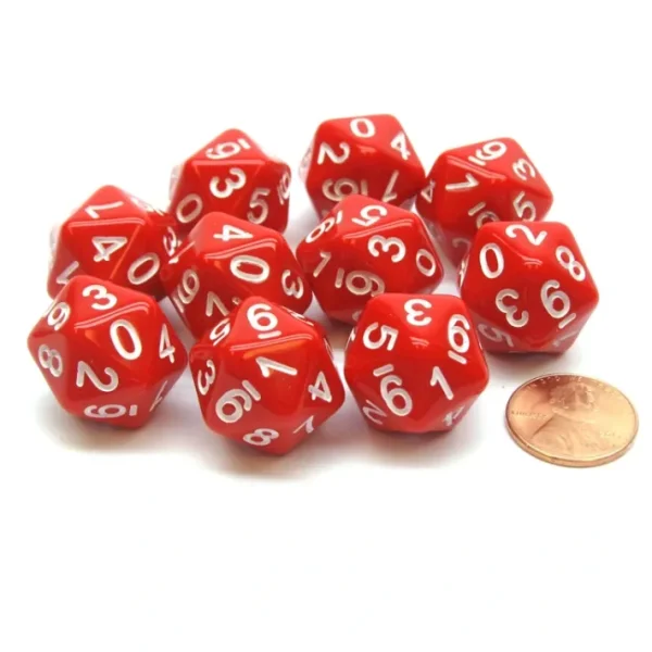 Pack of 10 20-Sided D10 Dice Numbered 0-9 Twice - Red with White Numbers - Your Source for Gaming Essentials Cheap