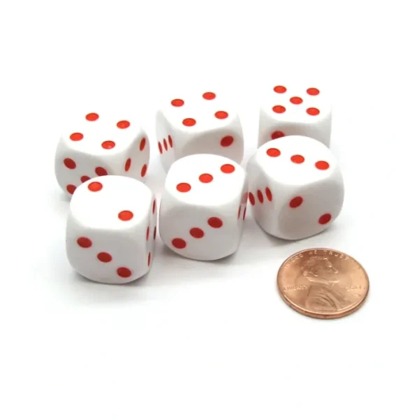 Pack of 6 Spotted 16mm Averaging Dice (2-3-3-4-4-5) - White with Red Spots - Your Source for Gaming Essentials Online