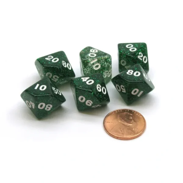 Pack of 6 Tens D10 10-Sided Glitter Dice - Green with White Numbers - Your Source for Gaming Essentials Flash Sale