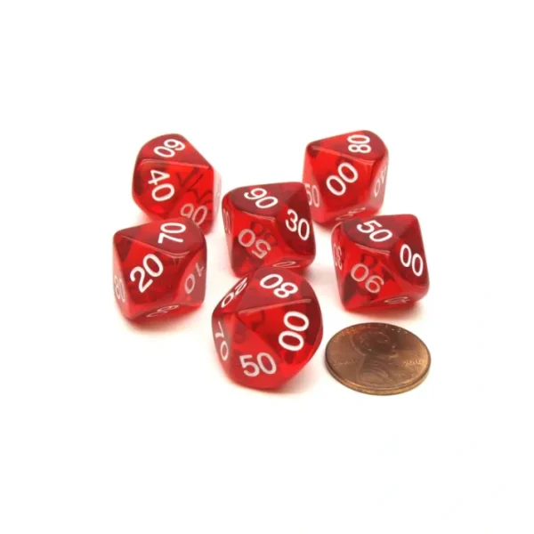 Pack of 6 Tens D10 10-Sided Transparent Dice - Red with White Numbers - Your Source for Gaming Essentials Online