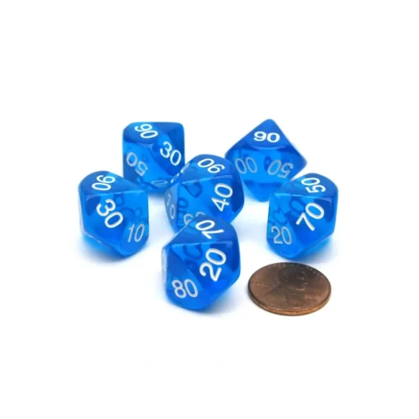 Pack of 6 Tens D10 10-Sided Transparent Dice - Blue with White Numbers - Your Source for Gaming Essentials Discount