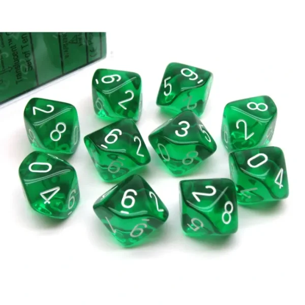 Pack of 10 Translucent Chessex 10-Sided D10 Dice - Green with White Numbers - Your Source for Gaming Essentials Cheap