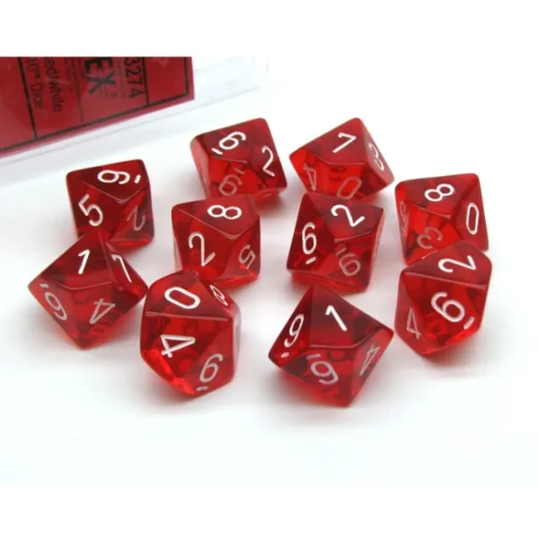 Pack of 10 Translucent Chessex 10-Sided D10 Dice - Red with White Numbers - Your Source for Gaming Essentials Discount
