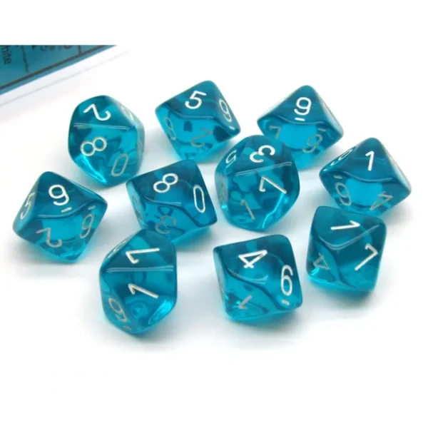 Pack of 10 Translucent Chessex 10-Sided D10 Dice - Teal with White Numbers - Your Source for Gaming Essentials Sale