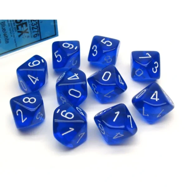 Pack of 10 Translucent Chessex 10-Sided D10 Dice - Blue with White Numbers - Your Source for Gaming Essentials Online