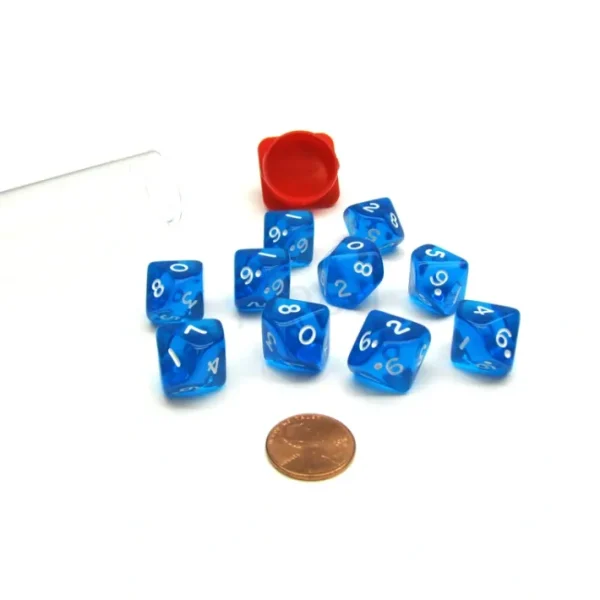 Pack of 10 Transparent 10 Sided D10 16mm Dice - Blue - Your Source for Gaming Essentials Shop
