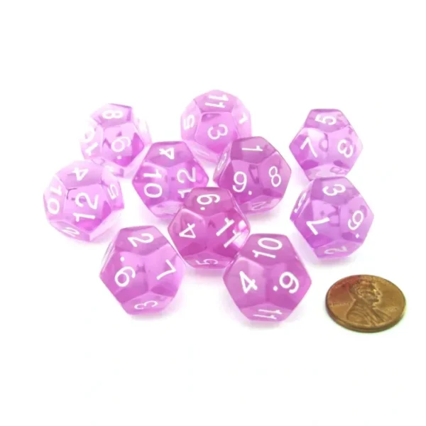 Pack of 10 Transparent 12 Sided D12 20mm Dice - Orchid - Your Source for Gaming Essentials Discount