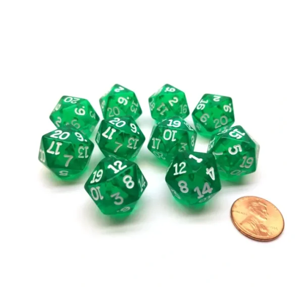 Pack of 10 Transparent 20 Sided D20 20mm Dice - Green - Your Source for Gaming Essentials Outlet