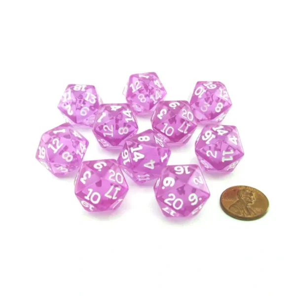 Pack of 10 Transparent 20 Sided D20 20mm Dice - Orchid - Your Source for Gaming Essentials New