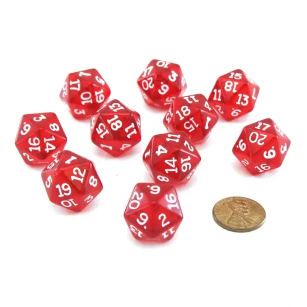 Pack of 10 Transparent 20 Sided D20 20mm Dice - Red - Your Source for Gaming Essentials Online