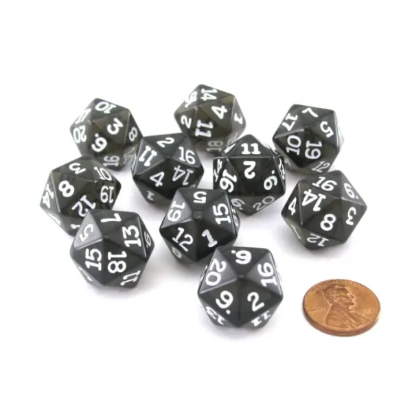 Pack of 10 Transparent 20 Sided D20 20mm Dice - Smoke - Your Source for Gaming Essentials New