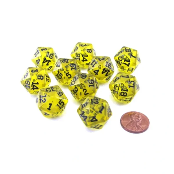Pack of 10 Transparent 20 Sided D20 20mm Dice - Yellow - Your Source for Gaming Essentials Clearance