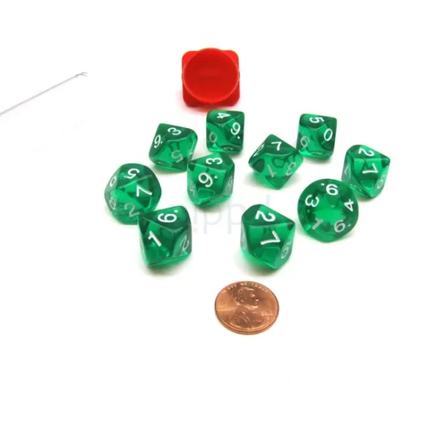 Pack of 10 Transparent 10 Sided D10 16mm Dice - Green - Your Source for Gaming Essentials Online
